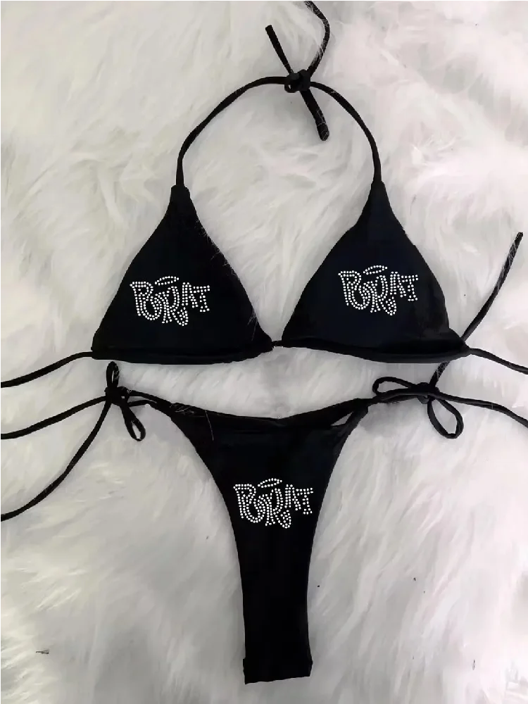 Rhinestone Lace-Up Y2K Bikini