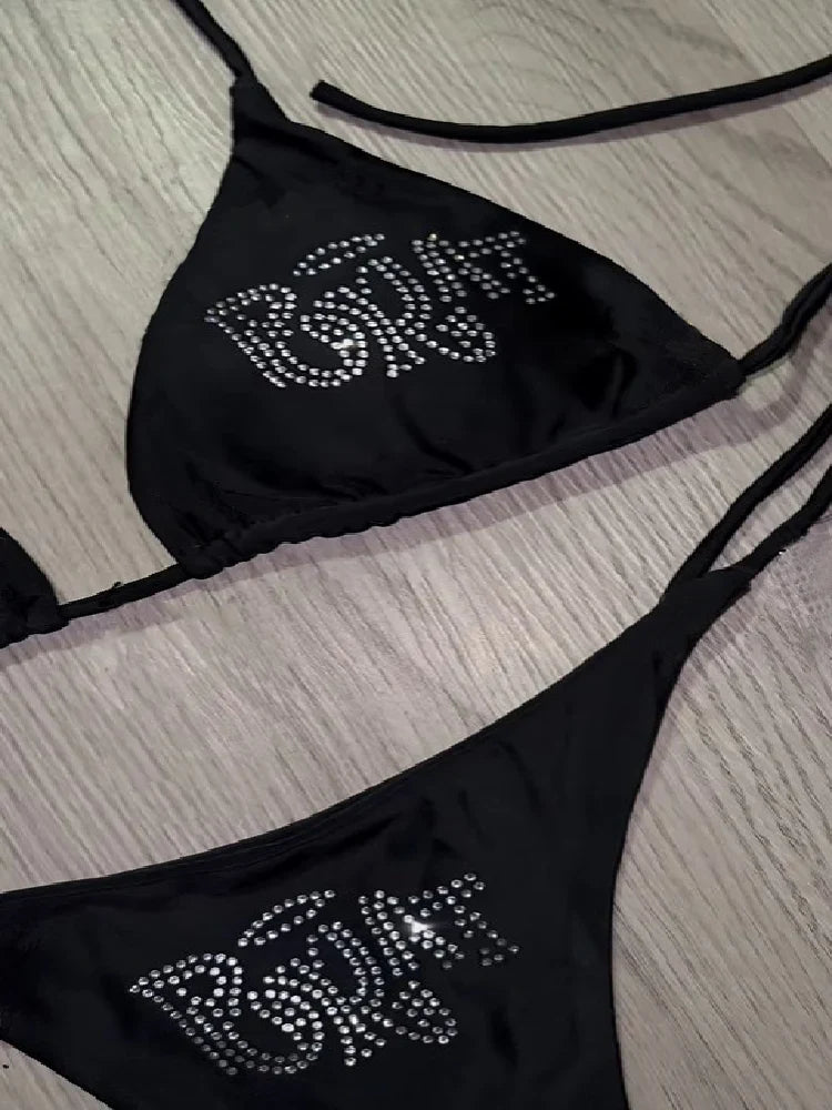 Rhinestone Lace-Up Y2K Bikini