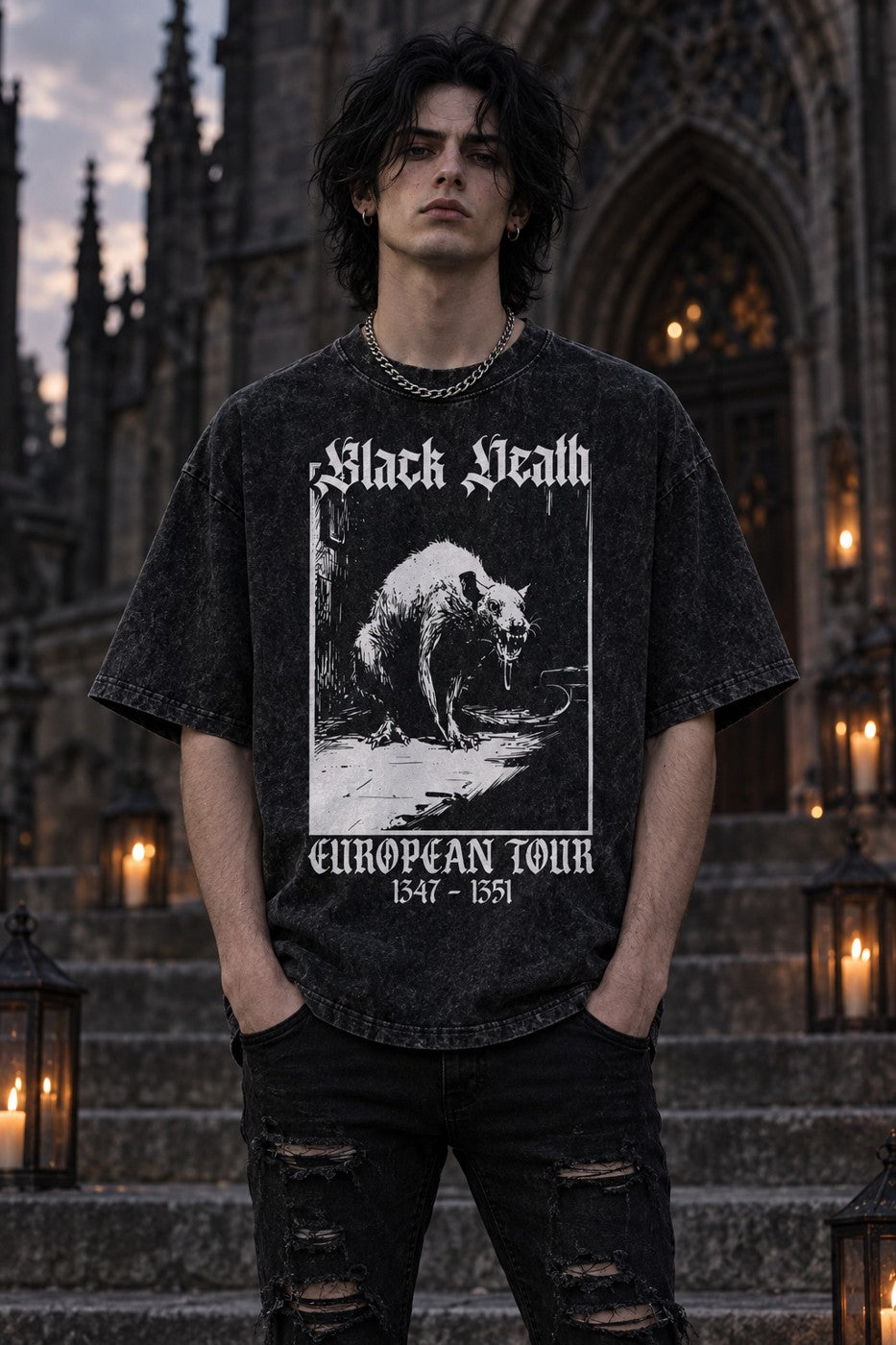 Model wearing the Black Death European Tour Plague Rat Tee
