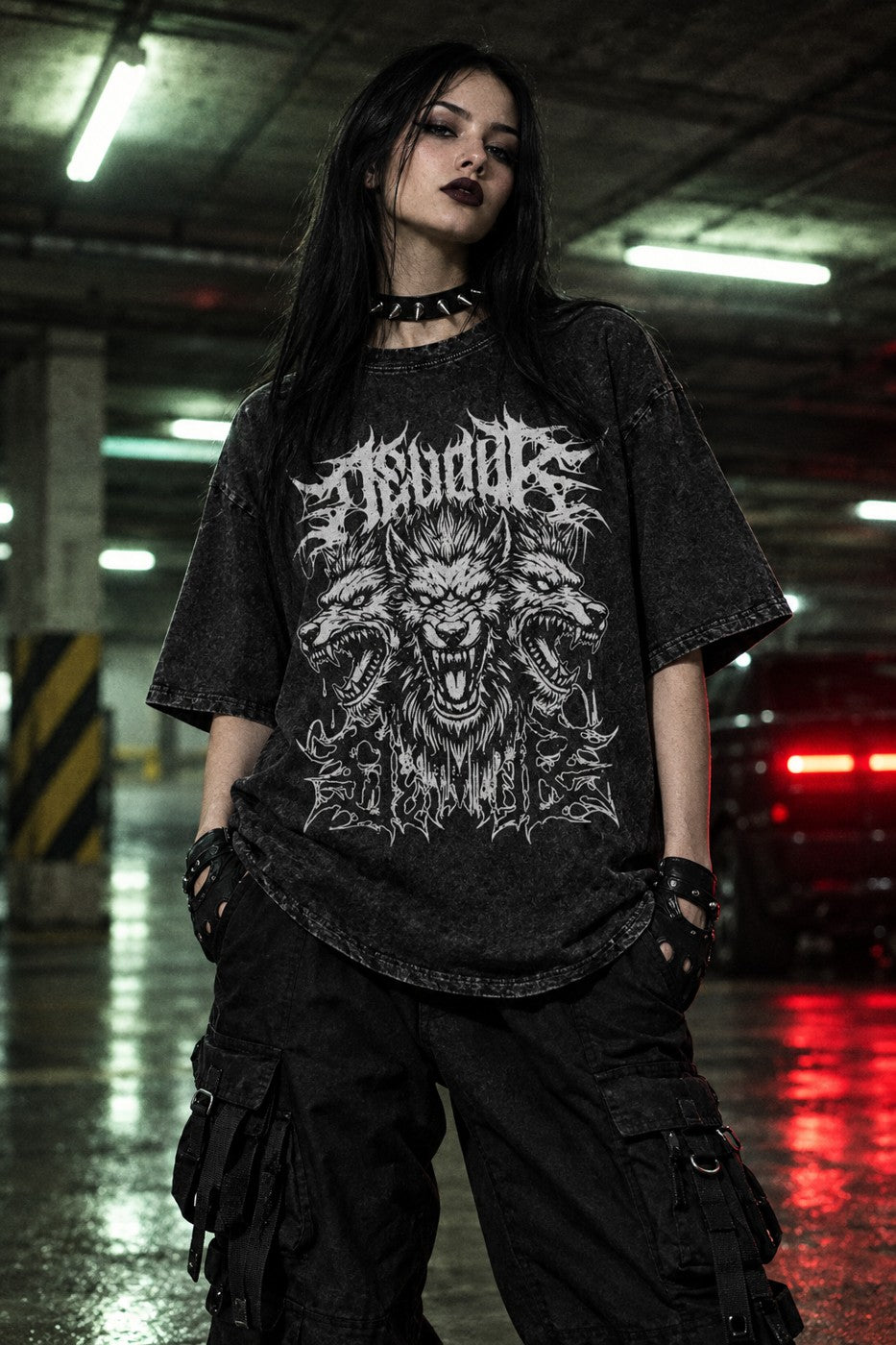 Model wearing the Cerberus Devour Acid-Wash Tee