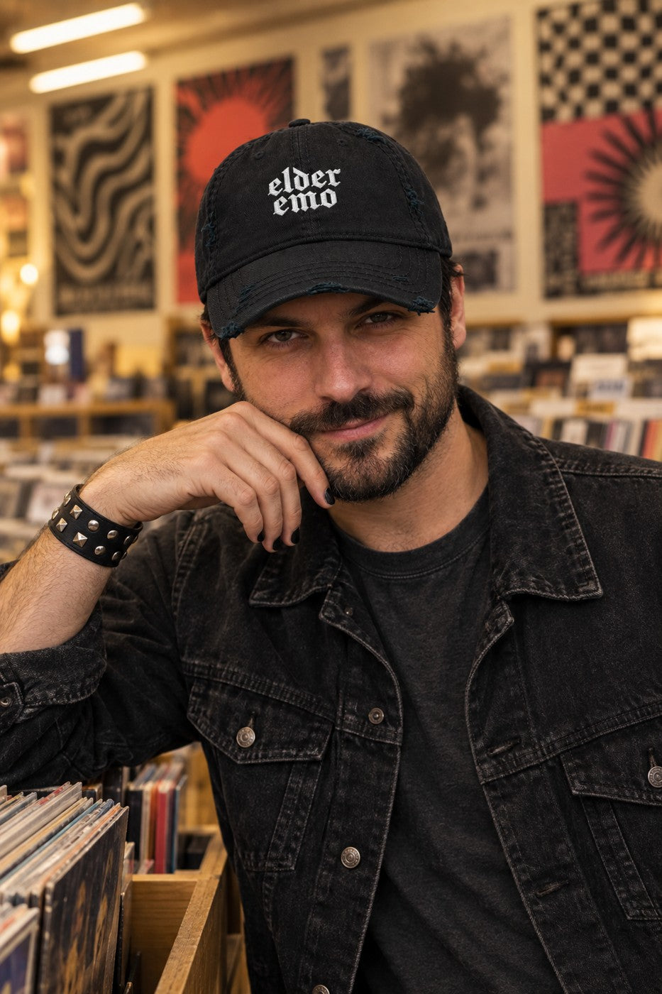 Model wearing the Elder Emo Distressed Dad Cap