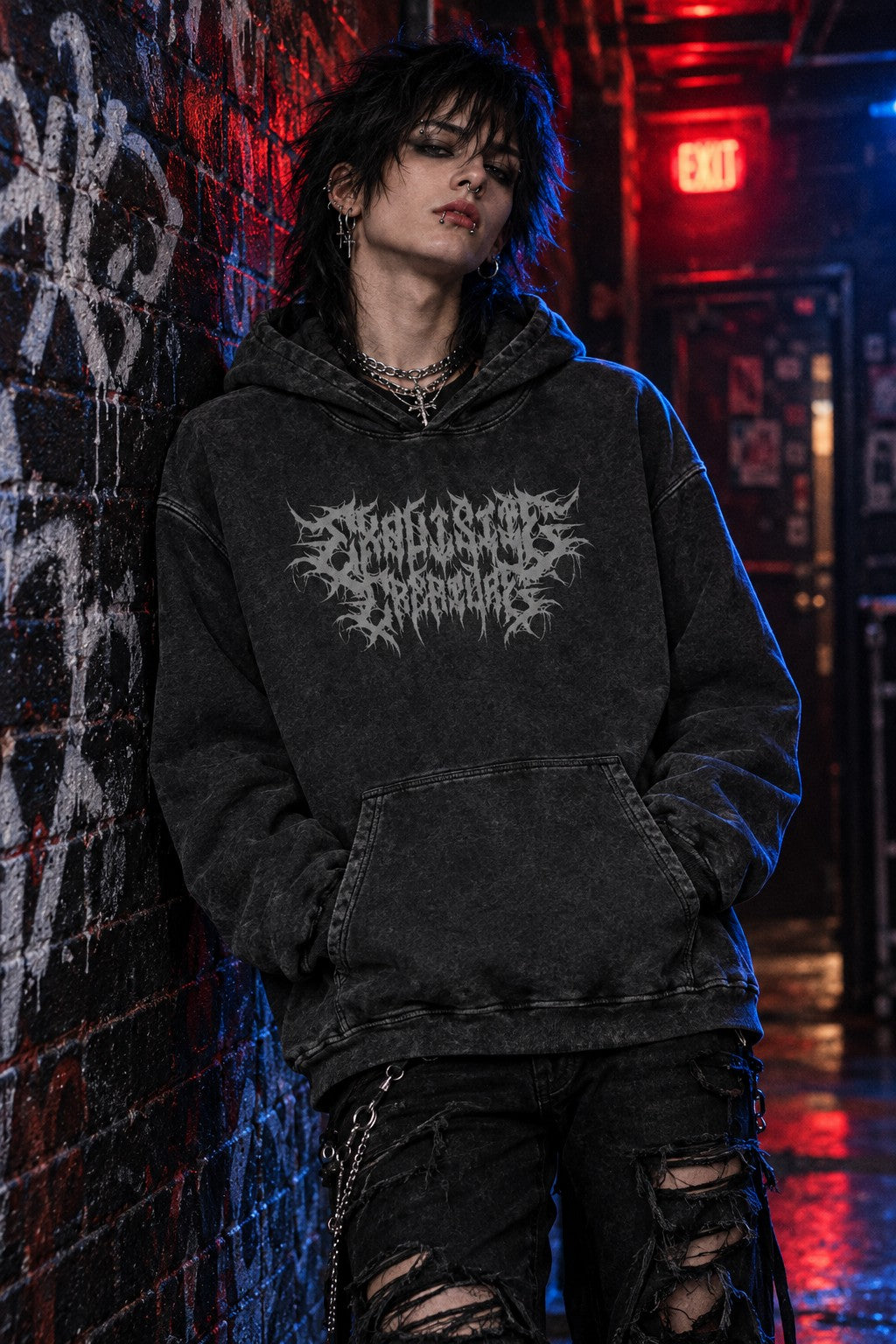 Model wearing the Exquisite Creature Acid-Wash Oversized Hoodie