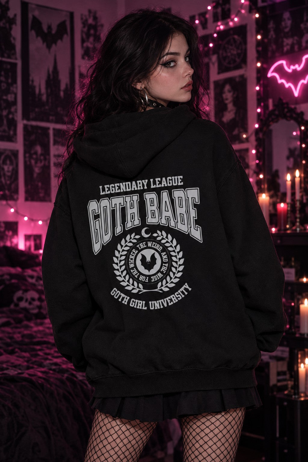 Model wearing the Goth Babe Oversized Fleece Hoodie, back print view