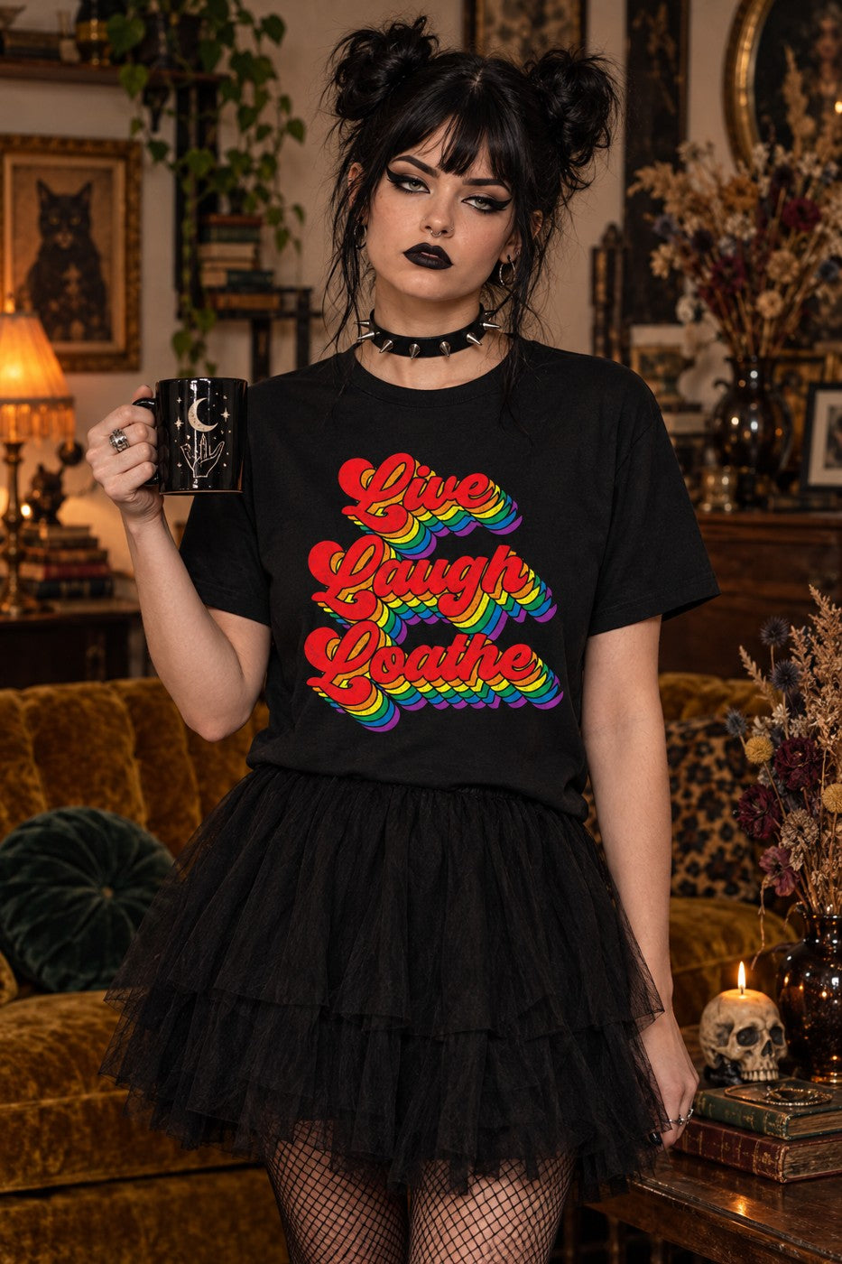 Model wearing the Goth Parody Rainbow Graphic Tee