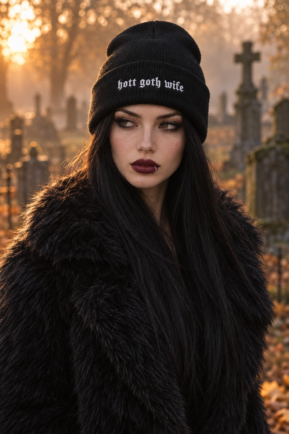 Model wearing the Hot Goth Wife Knit Beanie