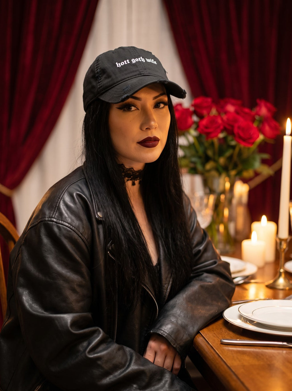 Model wearing the Hott Goth Wife Distressed Dad Hat