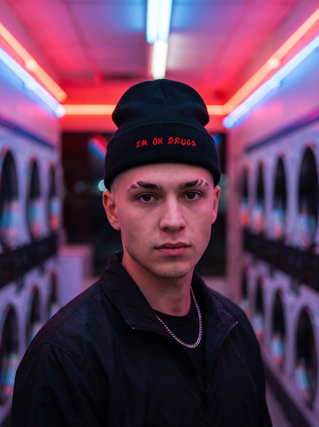 Model wearing the I'm On Drugs Retro Dare Beanie