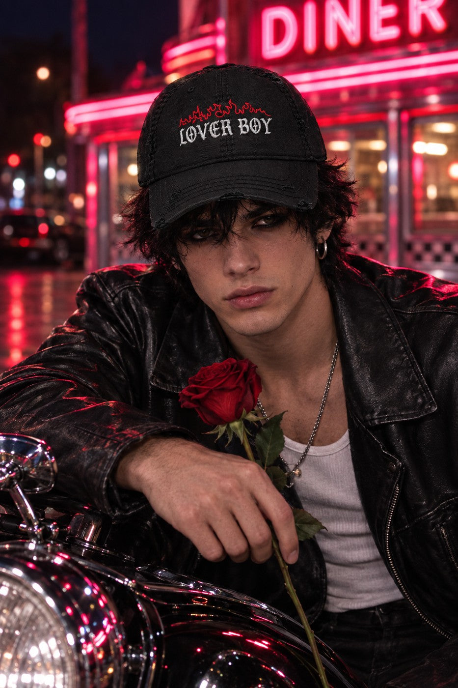 Model wearing the Flaming Lover Boy Distressed Dad Hat