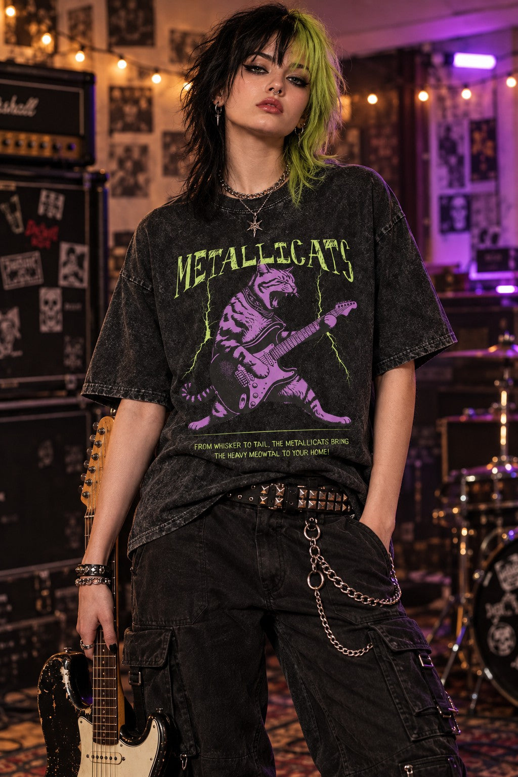 Model wearing the Metallicats Snow-Washed Tee
