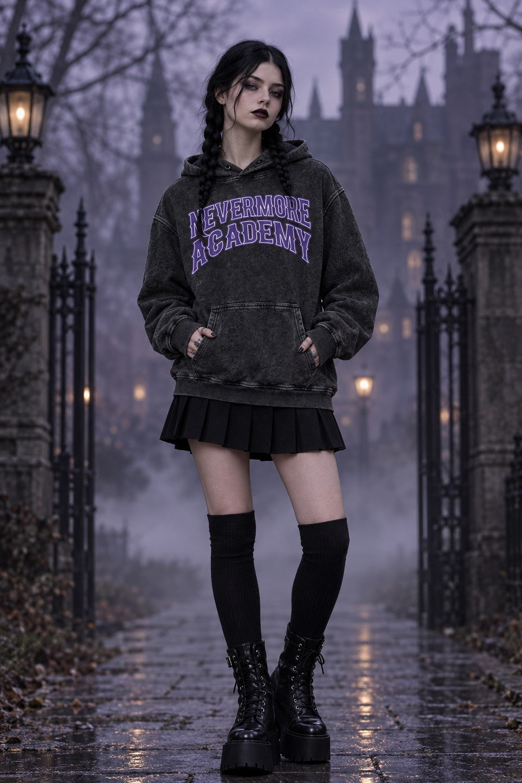 Model wearing the Nevermore Academy Acid-Wash Hoodie
